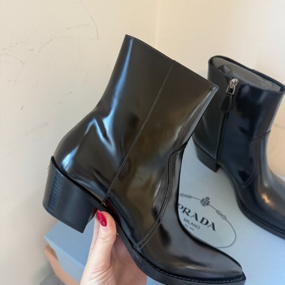 NWT Prada Ankle Boots Black Leather Side Zip Block Heels Pointed Toe Sz 36.5 - Picture 5 of 9